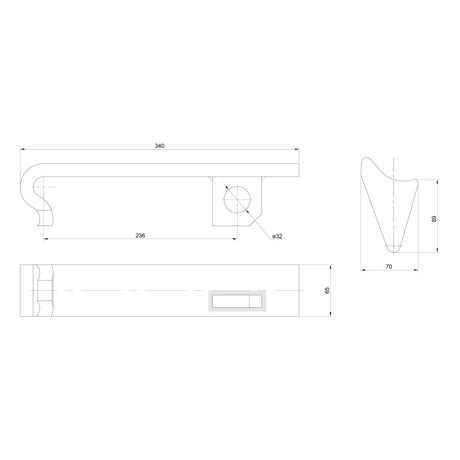 Technical drawing of the Loader Bracket (Pair), Replacement for Quicke No.3. - S.25624 by Sparex, with three views: top, side, and front. Dimensions are labeled in millimeters, highlighting key measurements of 340mm length and 82mm height. Designed for compatibility with ALO Quicke systems.