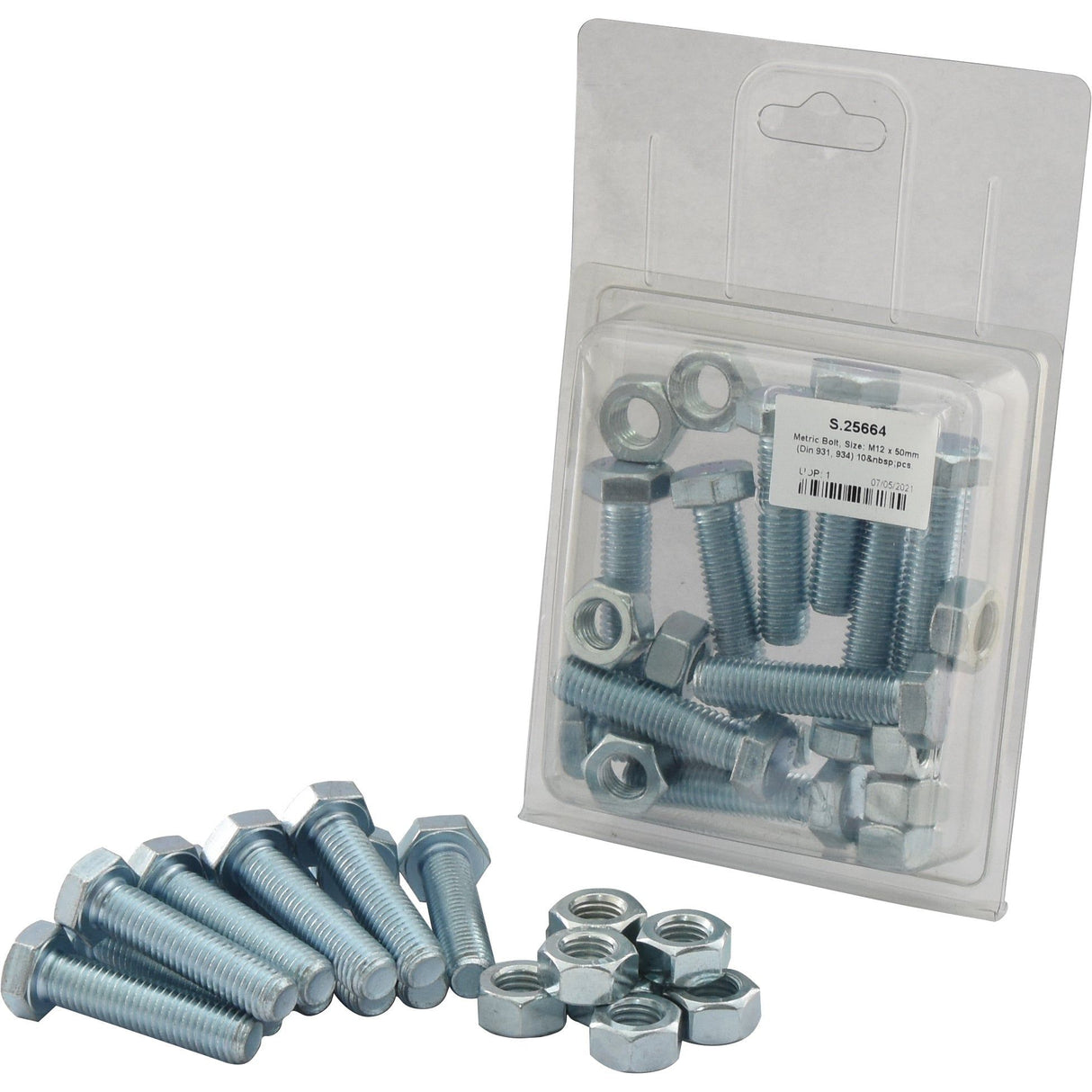 A pack of Sparex Metric Bolt, M12x50mm (DIN 931, DIN 934) 10 pcs. Agripak displayed next to several loose hex bolts and nuts. The transparent pack with a label ensures you get high-quality standard bolts for your project.