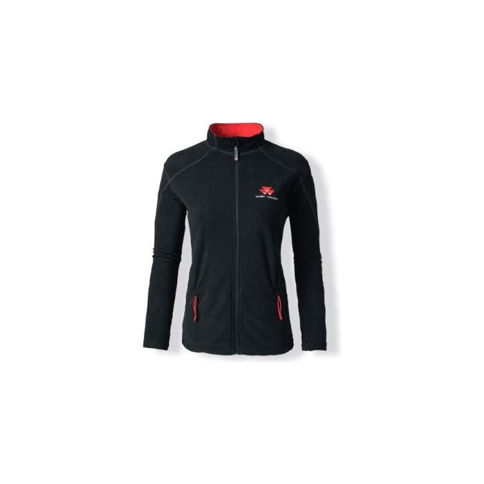 A black, long-sleeved AGCO Massey Ferguson fleece jacket (X993051904), featuring zip-up front, red trim, and two front pockets.