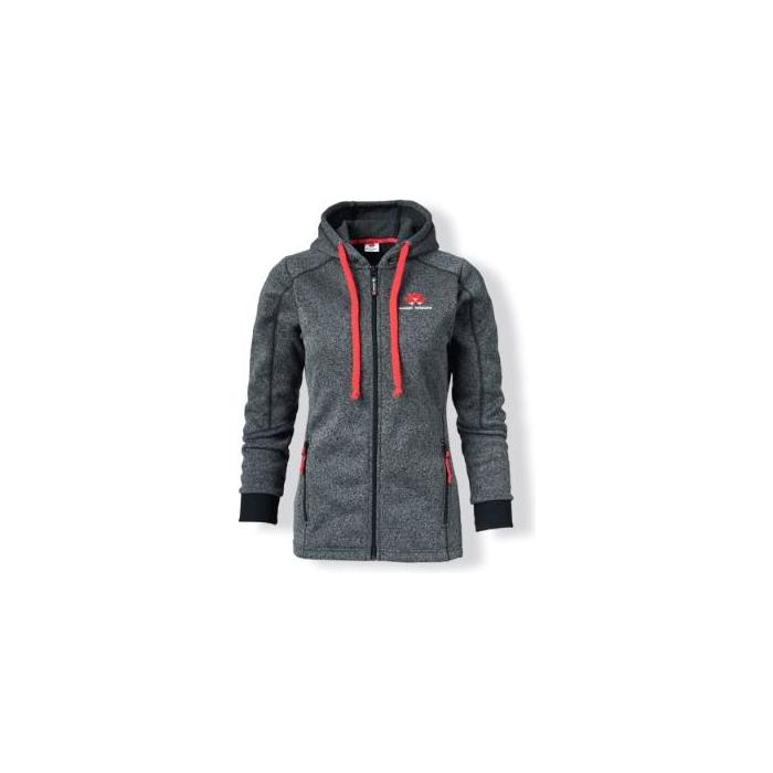 AGCO's Massey Ferguson Ladies Grey Hoodie (X993051915) is crafted in a sleek grey and black fleece design with contrasting red drawstrings and zippers, accented by a small logo on the chest.