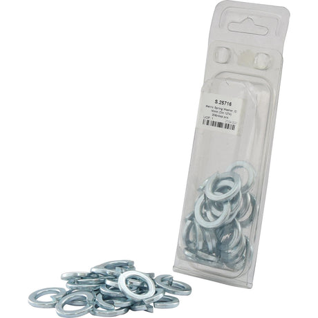 A package labeled "Sparex Metric Spring Washer, ID: 16mm (DIN 127A) 20 pcs. Agripak | Sparex Part No.S.25716" with several metric spring washers spread out in front of it. The package is made of clear plastic and displays product details on its label.