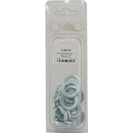 A plastic packaging containing several Sparex zinc-plated metric spring washers with an inner diameter of 16mm (DIN 127A standard). The label on the package displays SKU S.25716 and includes a barcode.