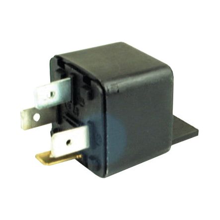 A Sparex Mini Relay 12V, 30A (Sparex Part No.S.2573) is a black rectangular electrical relay featuring three metallic prongs extending from one side, designed for 12V systems.