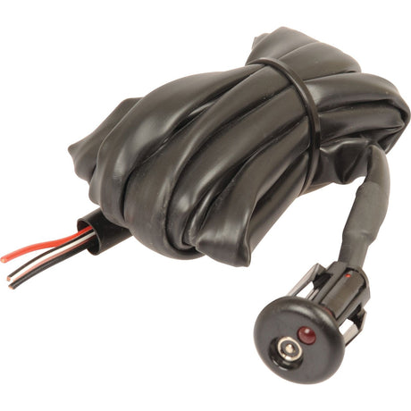 The Electric Immobiliser - S.25786 by Sparex features a black wiring harness with an attached sensor; loose wires extend from one end of the cable, while the other end has a cylindrical connector with a red indicator light. This Thatcham 2 approved product ensures top-notch security for your vehicle.