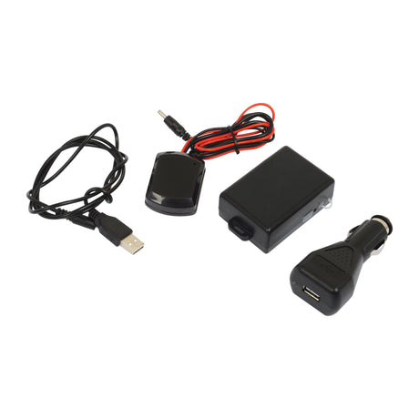 A set of electronic devices includes a USB cable, a small black box with red and black wires for GPS coordinates, a black rectangular box labeled Mini Tracker - S.25787 by Sparex, and a car charger adapter.