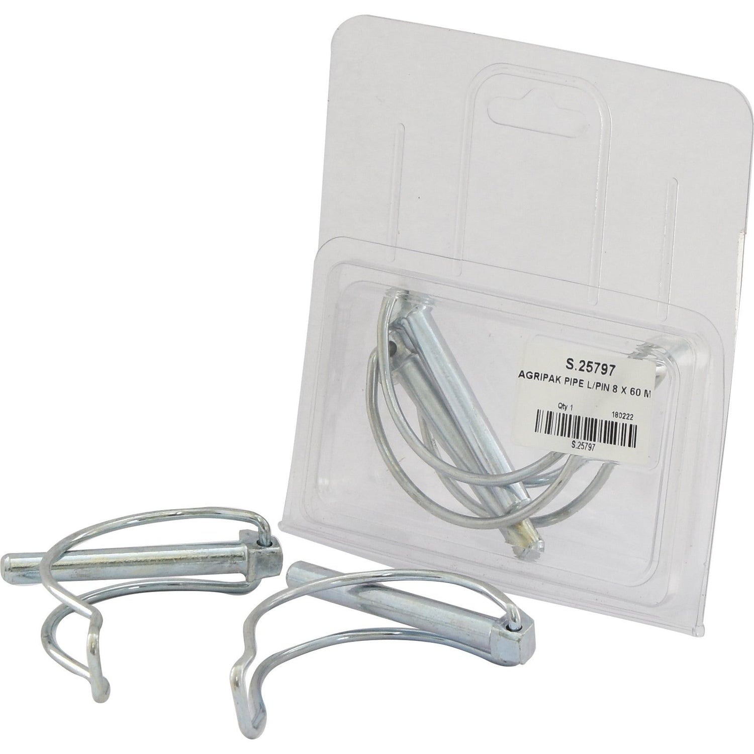 Two metal pins with looped ends, identified as Pipe Linch Pins Ø8mm x 60mm (2 pcs. Agripak – Sparex Part No. S.25797), are partially removed from a clear plastic package featuring a Sparex card insert.