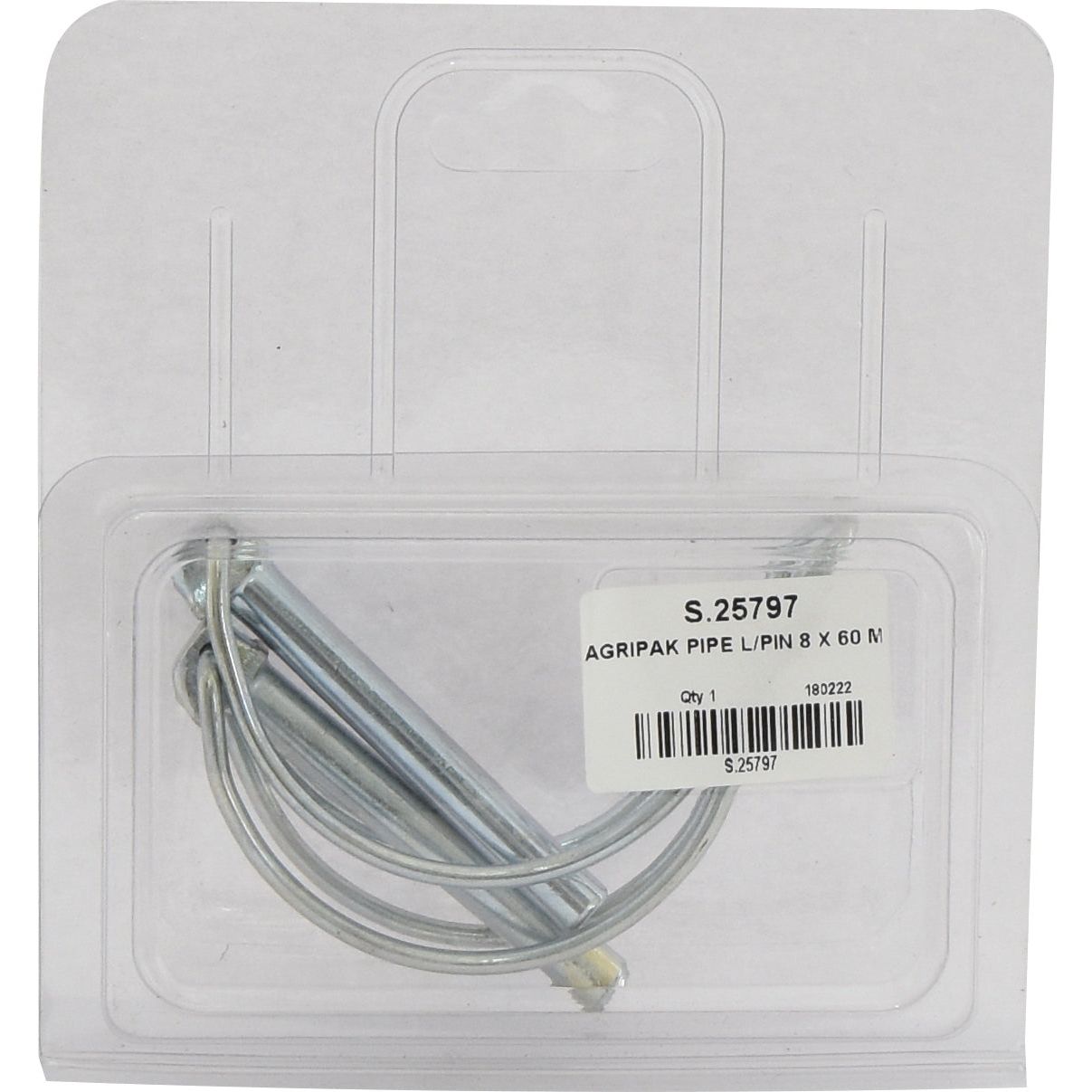 A packaged set of Pipe Linch Pins, measuring Ø8mm x 60 mm, includes 2 pieces and features a white label with product details, a barcode, and the Sparex brand name. The Sparex Part No. is S.25797.