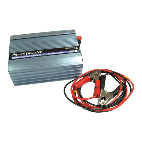 A Sparex Power Inverter 600 - 800W, labeled as "Sparex Part No.S.2579," sits beside red and black cables with alligator clamps.