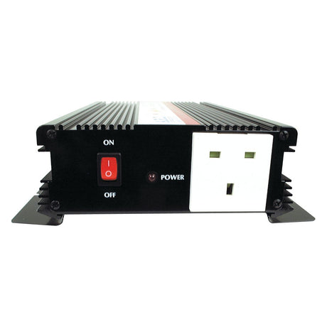 The Power Inverter 600 - 800W, Sparex Part No. S.2579, boasts a sleek black casing that includes an on/off switch, a power indicator light, and a three-prong AC outlet on the front panel. This inverter is engineered by Sparex for optimal efficiency and reliability.