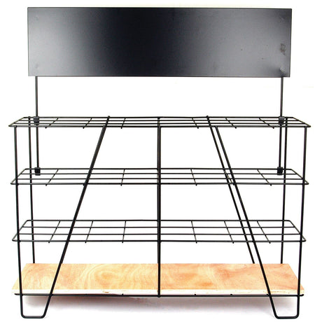 The Sparex DISPLAY STAND-PTO TUBING (Sparex Part No. S.25801) is a versatile black wire shelving unit with three shelves and a wooden base, making it perfect for use as a display stand. It features a vertical black panel on the top section, ideal for showcasing information or signage.