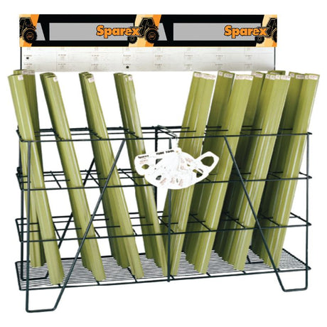 A display stand designated for PTO tubing, featuring green metal angle bars, prominently showcases the Sparex brand at the top. The specific product is known as DISPLAY STAND-PTO TUBING with Sparex Part No. S.25801.