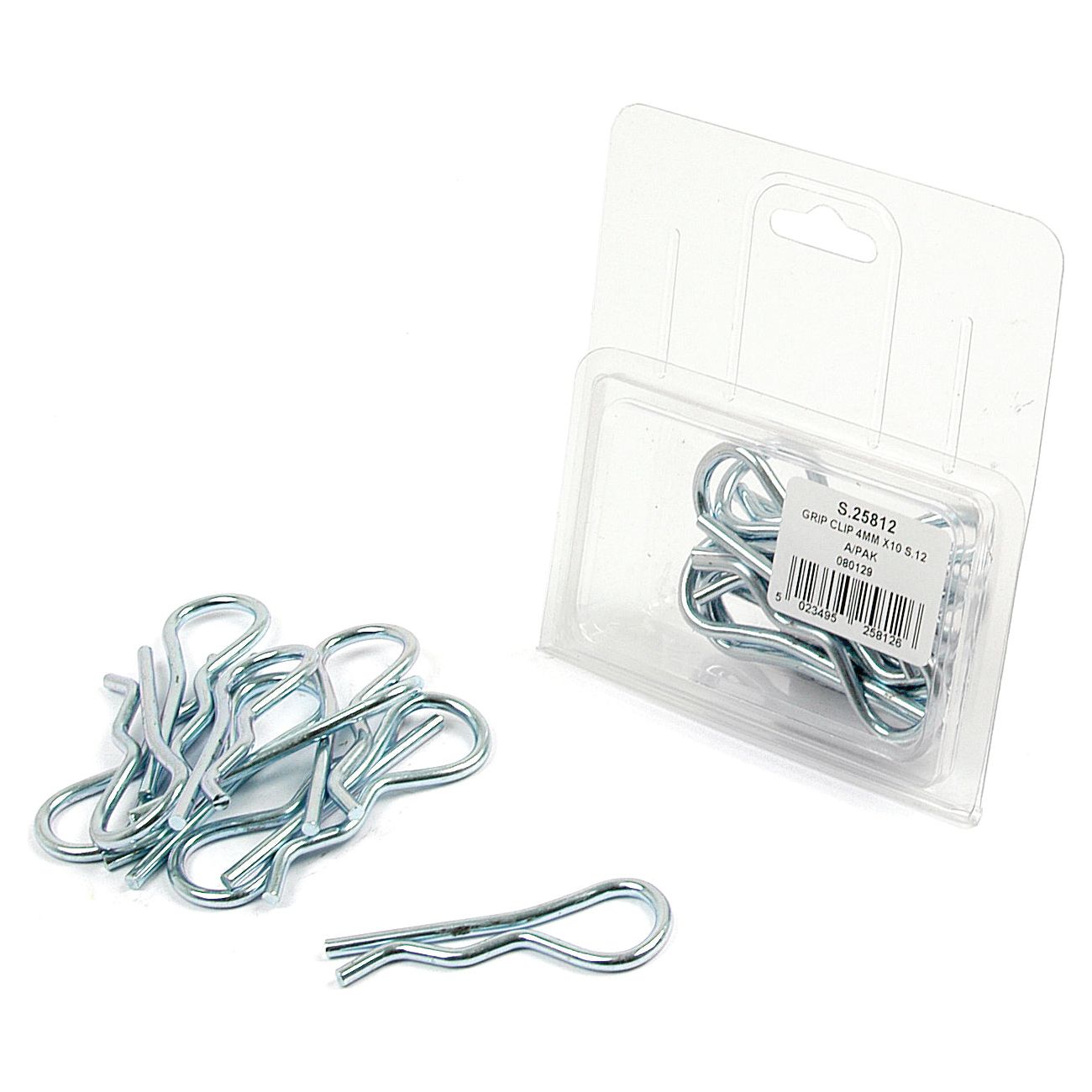 A set of metal hairpin clips are displayed on a surface next to an Agripak containing more Sparex Grip Clip - Single Wound, Clip Ø4mm x 79mm (Sparex Part No.S.25812), ready for use with Pin Ø12-22mm.