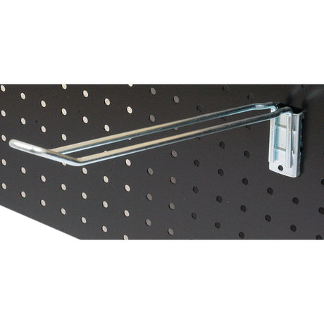 A sturdy Sparex Euro hook (S.25848) attached to a black perforated pegboard, perfect for displaying items using an Epos type swing tag (swing tag not supplied, please order separately) - 300mm.