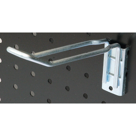 The Sparex Euro hook, Part No. S.25849, designed for Epos type swing tags (not supplied), is mounted on a black perforated wall, ideal for holding items in a storage or workshop setting.

