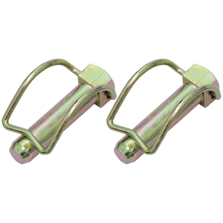 Two Sparex Stabiliser Pins, measuring Ø16mm x 62mm, feature a T-shaped design and spring mechanism with a yellow-tinted finish. These metal linchpins are commonly used in Agripak systems (Sparex Part No.S.25860).