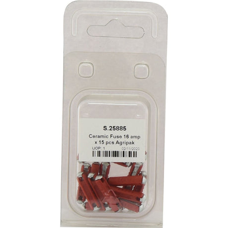 A plastic package containing 15 red ceramic fuses rated at 16 amps. The label reads "Ceramic Fuse 16 Amps 15 pcs. Agripak Sparex Part No.S.25885, Brand Name: Sparex.