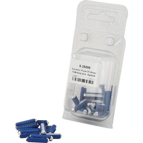 A pack of blue Sparex ceramic fuses with a 25-amp rating, featuring fifteen pieces displayed beside the packaging. The packaging includes a barcode and product details. The product is titled "Ceramic Fuse 25 Amps 15 pcs. Agripak" and is designated as Sparex Part No.S.25886.