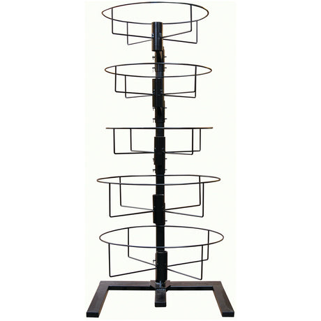 The Sparex Hydraulic Hose Stand - S.25897 by Sparex is a tall, black metal rack with five rotating circular tiers, each featuring wire baskets, standing on a stable square base—perfect for organized hose storage.