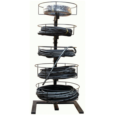 The Sparex Hydraulic Hose Stand - S.25897, from Sparex, is a metal shelving unit equipped with a rotating reel holder that houses five spools of coiled cables at different levels.