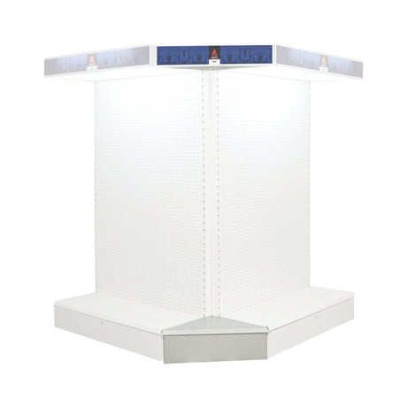 The Sparex DISPLAY STAND-EXTERNAL CORNER (Part No. S.25940) is an empty, white-illuminated external corner unit featuring metal shelves and pegboard back panels, standing 2.1 meters high with a convenient base shelf.