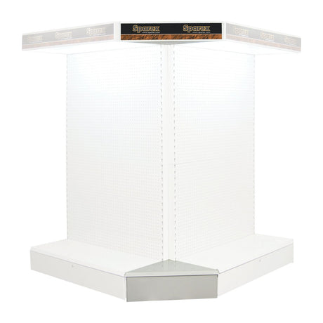 A 2.1M high white illuminated retail display corner unit with pegboard panels, a base shelf, and a Sparex branded header as the DISPLAY STAND-EXTERNAL CORNER (Sparex Part No. S.25940).