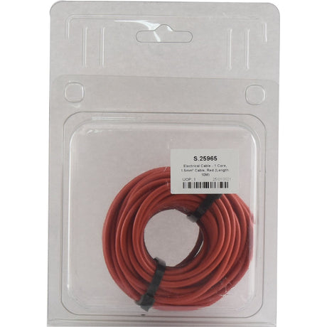 A coiled red electrical cable in a clear plastic package, labeled "Electrical Cable - 1 Core, 1.5mm² Cable, Red (Length: 10M), (Agripak) | Sparex Part No.S.25965.