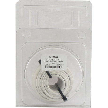 The Electrical Cable - 1 Core, 1.5mm², White, Length: 10M from Sparex (Part No.S.25984) is neatly coiled and packaged in a transparent plastic case with a visible label displaying the specifications and barcode.