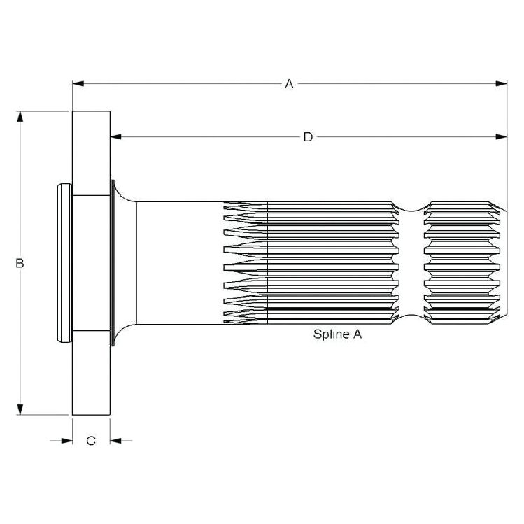 Technical drawing of the PTO Shaft - S.260053 with labeled dimensions A, B, C, and D, specifically designed for Massey Ferguson tractors by Sparex, featuring a section marked "Spline A.