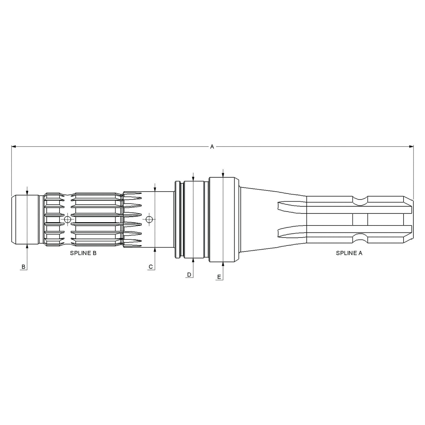 Technical drawing of a mechanical component with dimensions labeled A, B, C, D, and E. Two spline sections, Spline A and Spline B, are depicted on the ends. This PTO Shaft - S.260158 by Sparex is compatible with Massey Ferguson models running at 540 RPM.