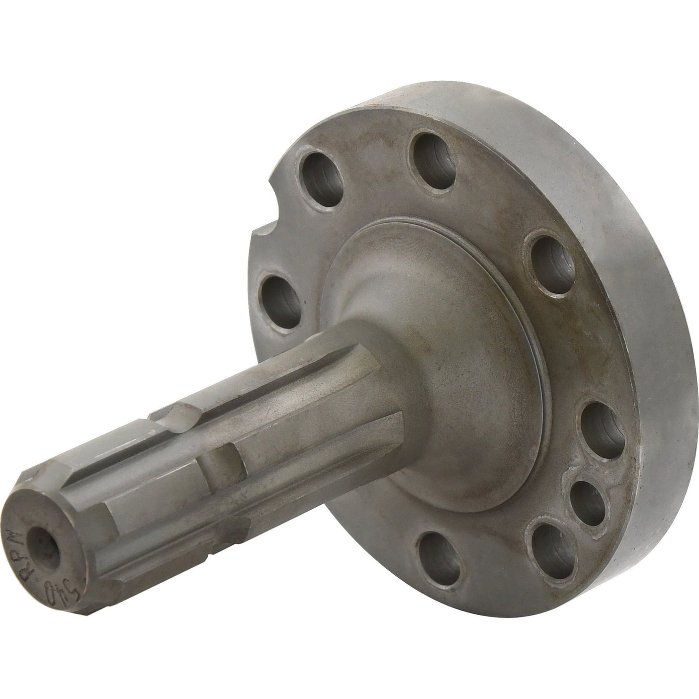 The Sparex PTO Shaft - S.260164 is a metal mechanical component consisting of a circular flange with multiple holes and a grooved cylindrical shaft, specifically designed for 540RPM PTO Shaft operations and compatible with Massey Ferguson machinery.