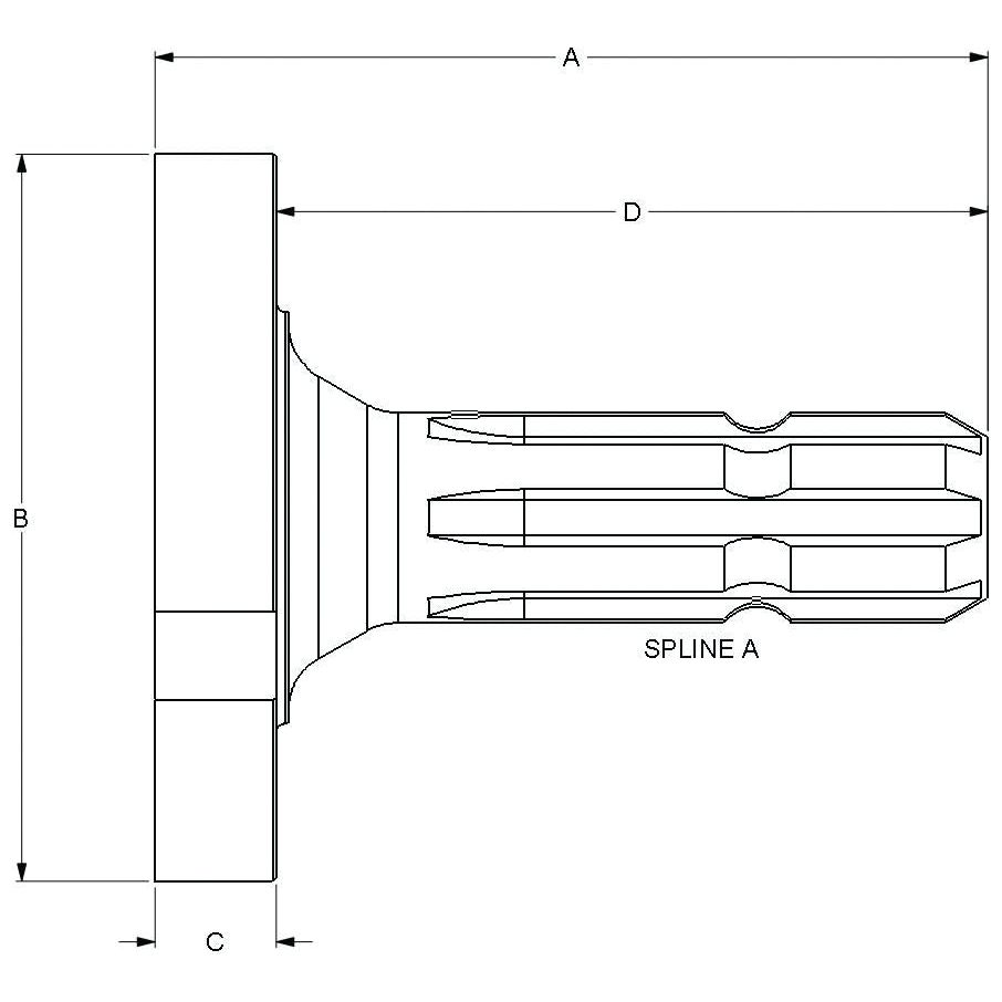 Technical drawing of the PTO Shaft - S.260164 by Sparex, displaying labeled dimensions A, B, C, and D with "Spline A" indicated. This schematic is suitable for Massey Ferguson tractors operating at 540RPM.