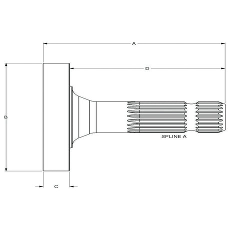 Technical drawing of a cylindrical mechanical component with measurements labeled A, B, C, and D. The right end features 21 splines labeled "Spline A", commonly seen on a PTO Shaft - S.260165 by Sparex, designed to operate at 1000 RPM.