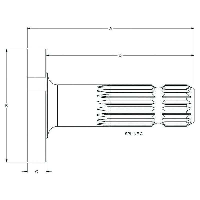 Technical diagram of a splined shaft with labeled dimensions: A, B, C, D, and Spline A for the Sparex PTO Shaft - S.260166 designed for a 1000 RPM PTO shaft on a Massey Ferguson.