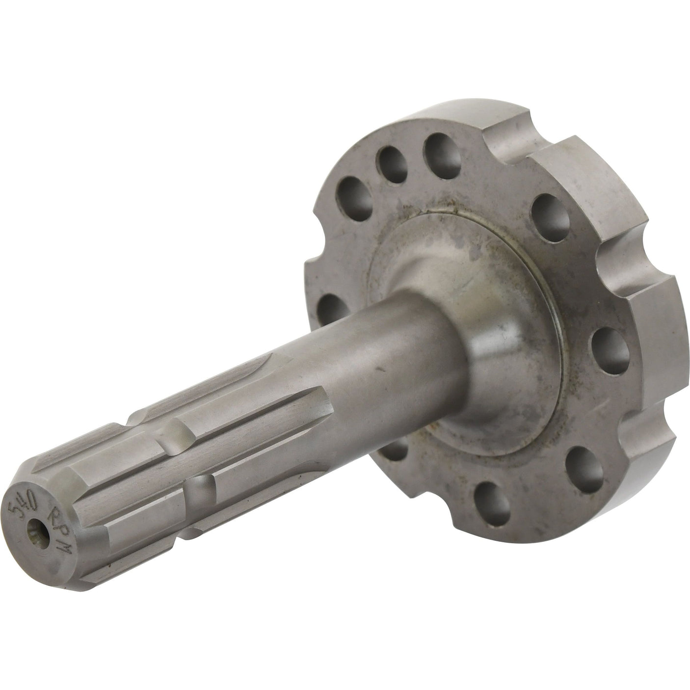 A close-up view of the Sparex PTO Shaft - S.260167, featuring precise grooves and a flanged end with multiple circular holes, designed for compatibility with 540RPM Massey Ferguson machinery.