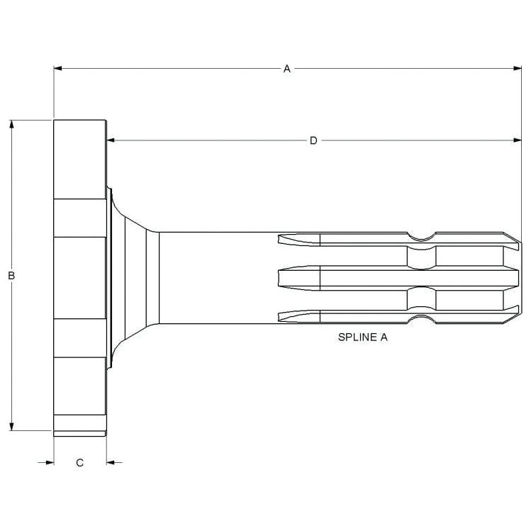 Technical drawing of a mechanical component with labeled dimensions A, B, C, and D, featuring a specified spline at one end labeled "SPLINE A," compatible with a Massey Ferguson PTO shaft operating at 540RPM. This is for the product PTO Shaft - S.260167 by Sparex.