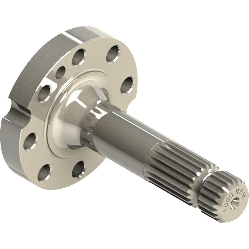 The Sparex PTO Shaft - S.260168 is a metal mechanical part featuring a flanged top and a splined PTO shaft with the engraving "1000 RPM" at one end, commonly used in Massey Ferguson machinery.