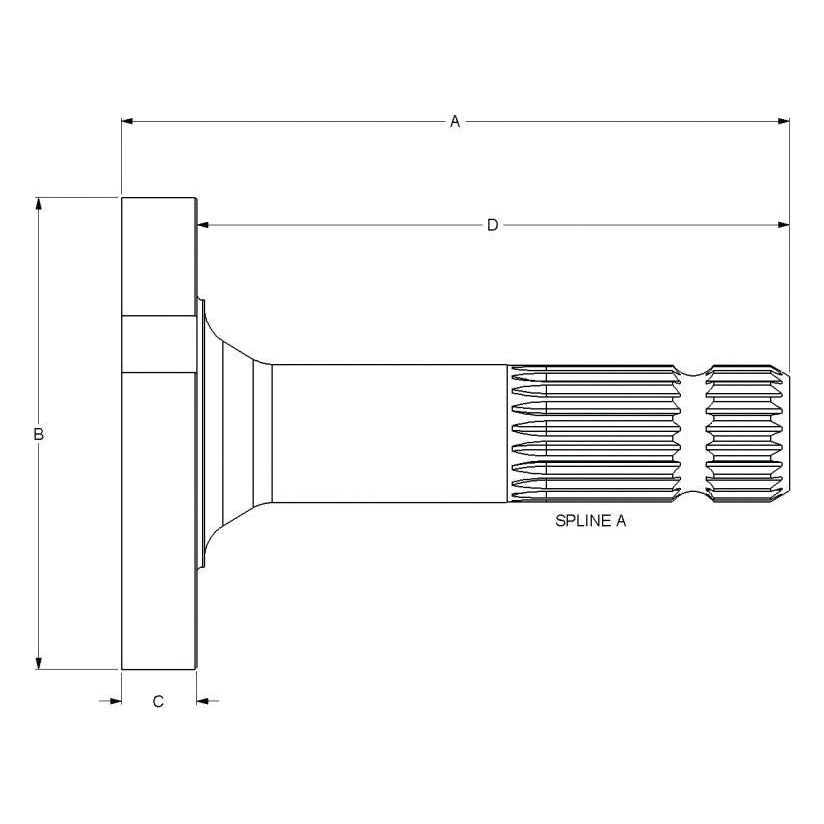 Technical drawing of a mechanical part with spline. The part, resembling the PTO Shaft - S.260168 from Sparex for a Massey Ferguson, has dimensions labeled as A, B, C, and D. The spline area is marked as "SPLINE A," designed to handle up to 1000 RPM.