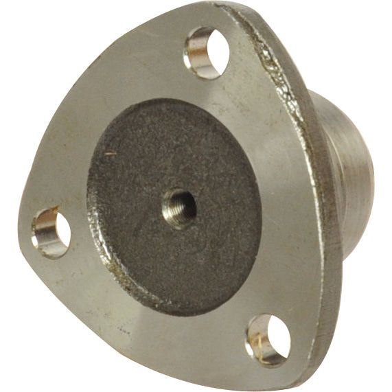 The King Pin - S.260187, under the Sparex brand, is a metal, triangular-shaped flange adapter featuring three circular holes and a central threaded hole, designed to be compatible with metric fittings.