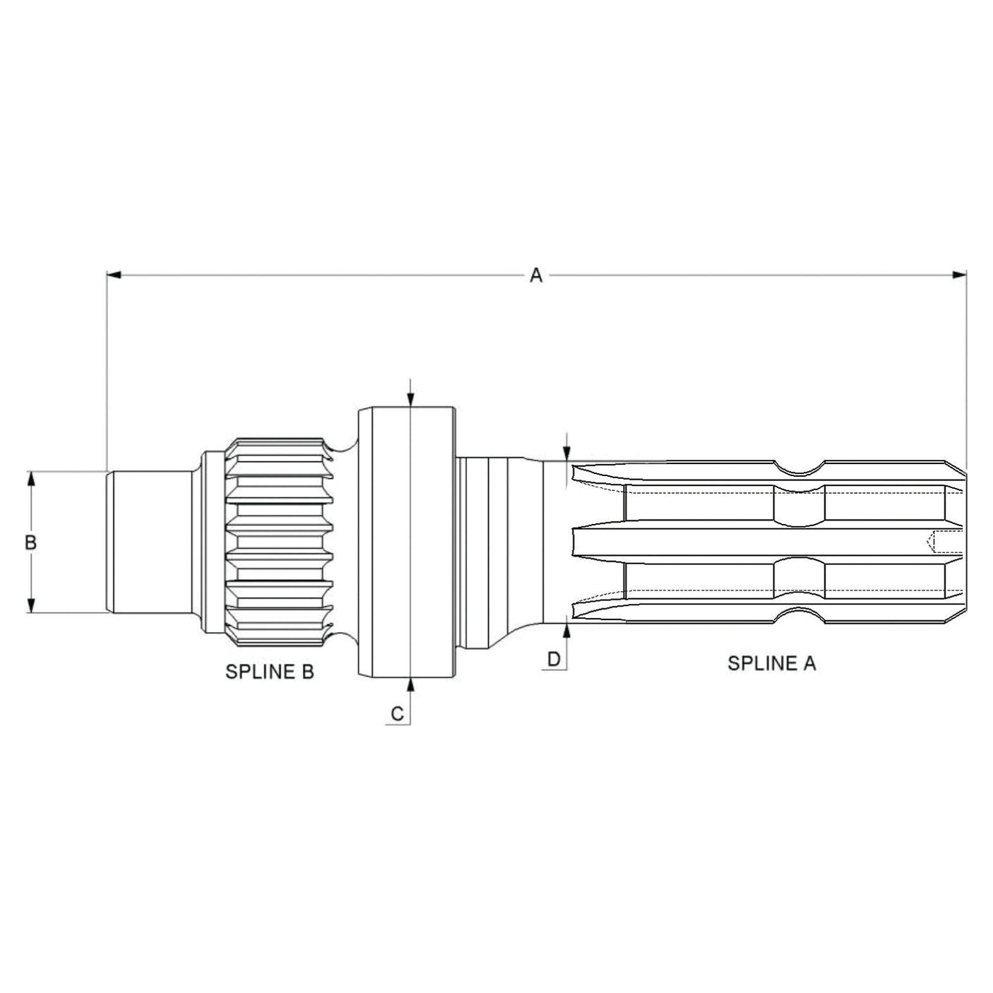 Technical drawing of the Sparex PTO Shaft - S.260196, featuring a 1 3/8'' - 6 splined design with dimensions labeled A, B, C, and D. The shaft includes two spline sections marked Spline A and Spline B, and is designed to operate at 540 RPM.