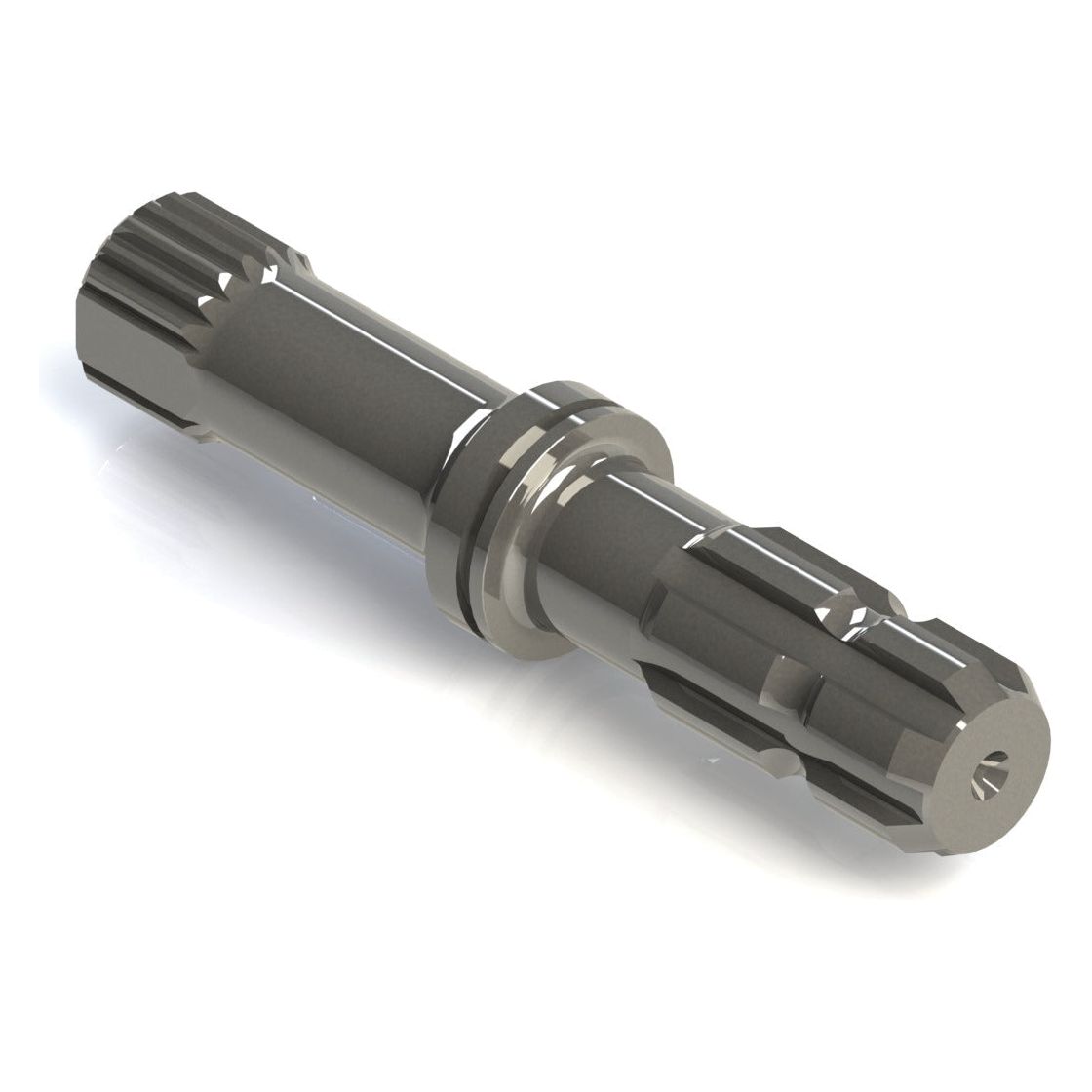 Sparex PTO Shaft - S.260218, a metallic cylindrical shaft with multiple splines and a central flange, compatible with Valmet & Valtra tractors for 540RPM operations, against a white background.