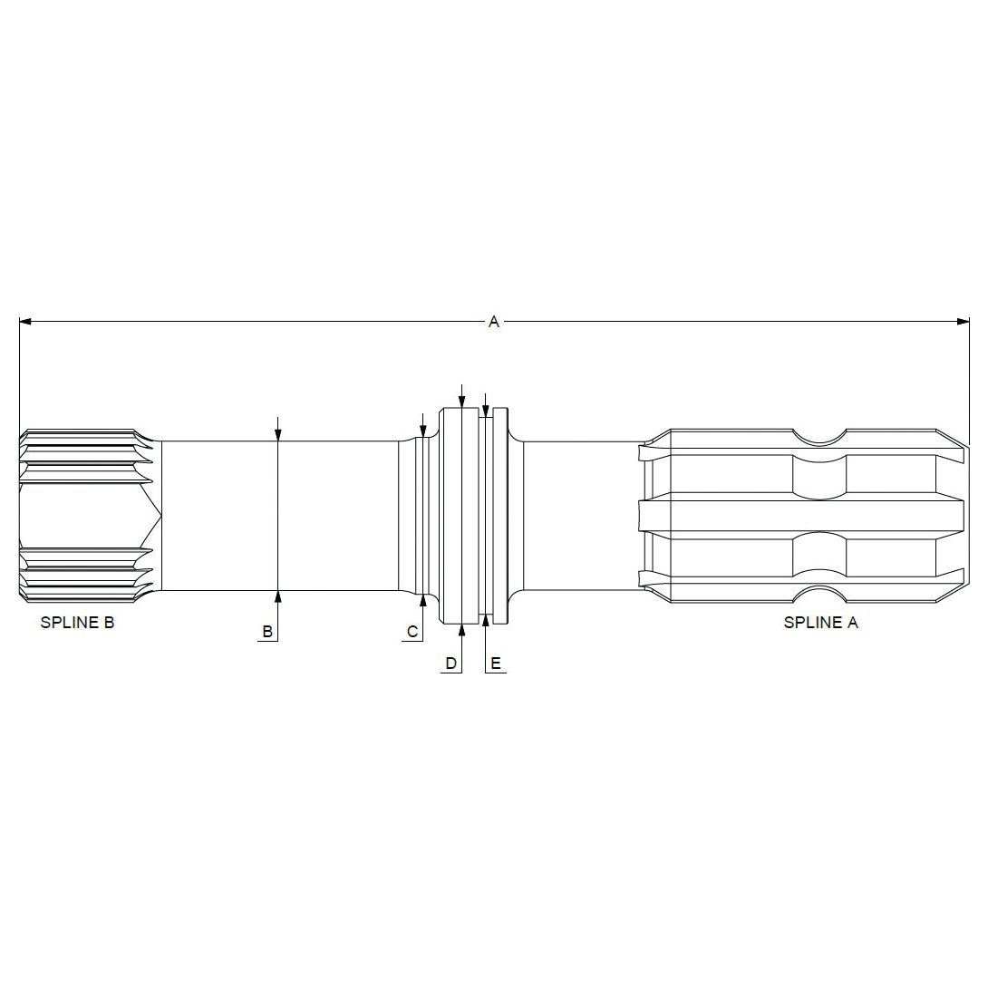 Technical drawing of the Sparex PTO Shaft - S.260218 mechanical spline shaft with labeled dimensions A, B, C, D, and E, and sections labeled SPLINE A and SPLINE B. Designed for 540RPM PTO Shaft applications.