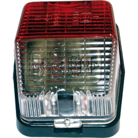 The Halogen Side Light - Front/Rear, 12V (S.26110) by Sparex is a rectangular red and clear strobe light with a transparent cover attached to a black base, featuring E Approved certification, commonly used for emergency signaling.