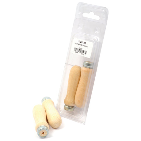 The Sparex File Handle 75mm (Agripak 2 pcs.), part number S.26193, includes two wooden handle replacements: one in clear packaging and one lying outside the packaging. Designed for tools with a file length of 75-150mm, these safety file handles provide a secure and comfortable grip at 75mm each.