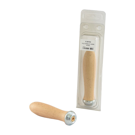 Two wooden file handles, one packaged and one unpackaged, are displayed against a white background. The 140mm handle length ensures comfortable use, and the packaging's clear plastic cover showcases the metal cap at the top. Ideal as a Sparex File Handle 140mm (Agripak 1 pc.), Part No. S.26194.