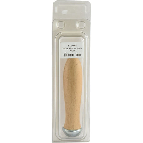 A packaged wooden file handle with a metal end, labeled "File Handle 140mm (Agripak 1 pc.) | Sparex Part No. S.26194" in black text on a white background, featuring Sparex's Safety File Handle design.