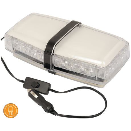 The Sparex LED Micro Hazard Light, a rectangular emergency LED light featuring a clear cover, comes with magnetic fixing for easy attachment. It includes attached wiring and a plug compatible with a car's power outlet. Additionally, it boasts an IP65 rating for excellent water and dust resistance and supports multiple flash functions at 12V (Product Code: S.26196).