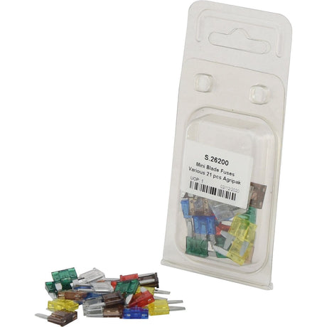 An assortment of Sparex fuses in various colors and sizes can be seen scattered outside a clear plastic package labeled "Mini Blade Fuses Agripak 5.0, 7.5, 10, 15, 20, 25, 30 Amps 21 pcs. Agripak | Sparex Part No.S.26200.