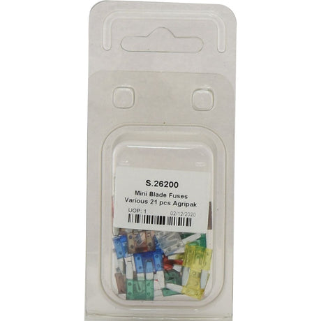 Plastic packaging containing assorted colors of mini blade fuses labeled "Mini Blade Fuses Agripak 5.0, 7.5, 10, 15, 20, 25, 30 Amps - 21 pcs | Sparex Part No. S.26200.