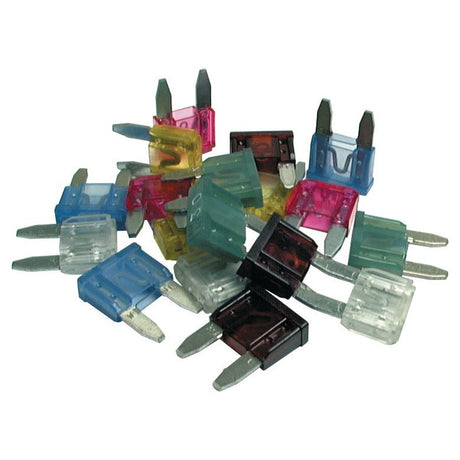 A collection of assorted colored automotive fuses, featuring the Sparex Mini Blade Fuse 10 Amps - Red (Part No. S.26203), scattered on a white background.