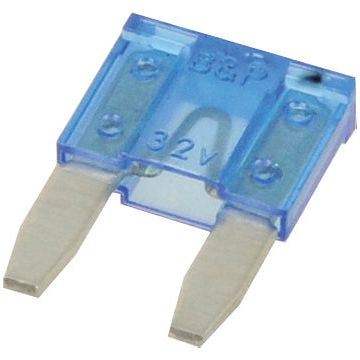 A Sparex Mini Blade Fuse marked with "32V" and rated at 15 Amps on its casing, part number S.26204, in blue color.